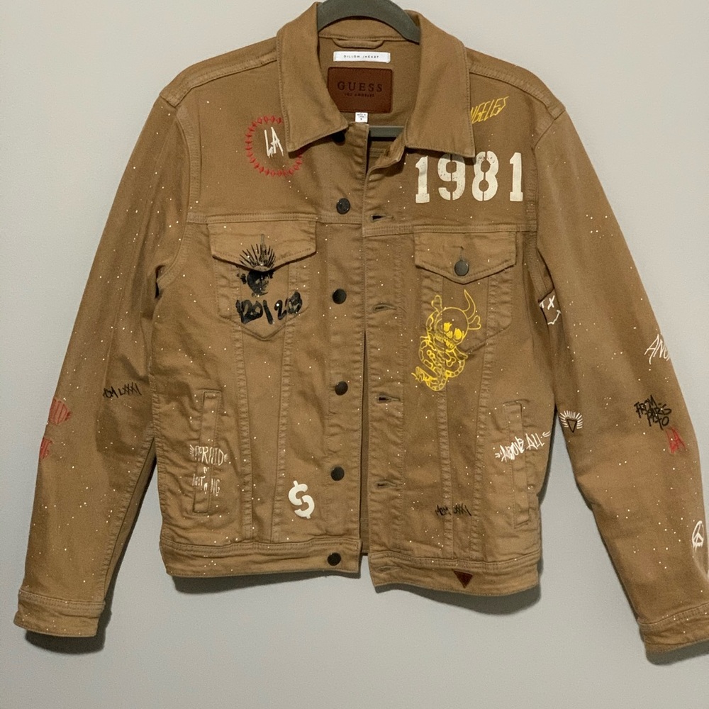 Guess Jeans Brown Denim Embroidered Tattoo Jacket